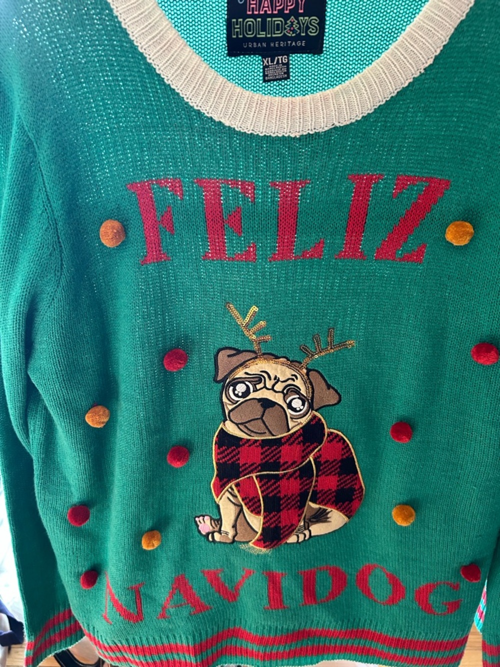 Urban Heritage Green Pug Holiday Sweater with Red Lettering